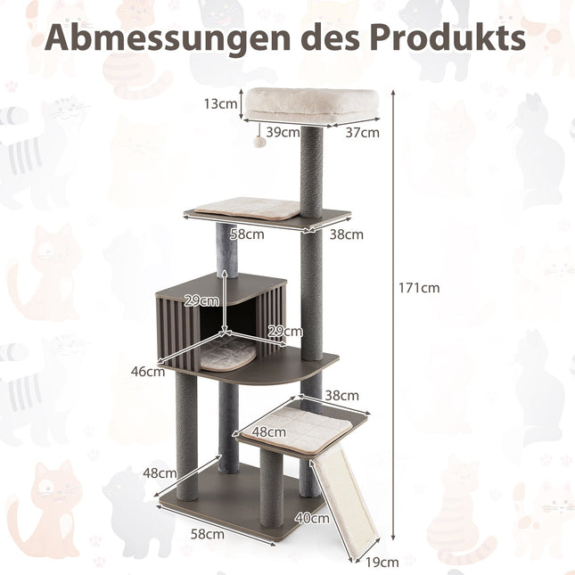 Cat Tree with Cave & Sisal Scratch Board, 171 cm, Gray