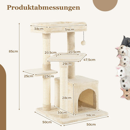Cat Tree with Cave, Soft Seat, 85cm, Beige