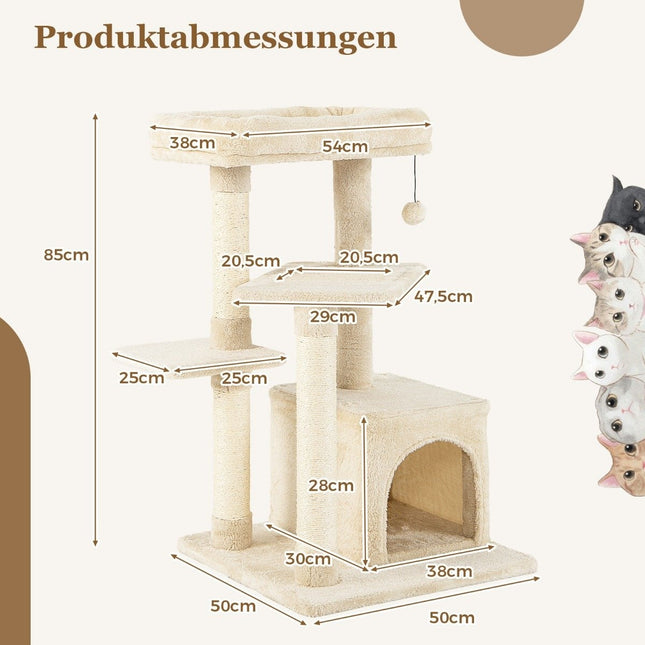 Cat Tree with Cave, Soft Seat, 85cm, Beige