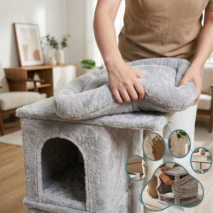 Cat Tree with Caves & Bed, Light Grey, 71cm
