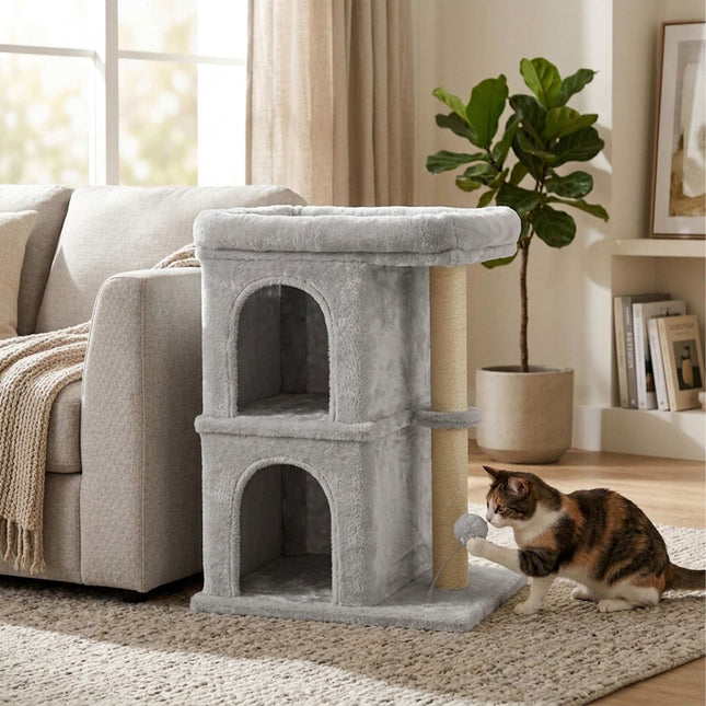 Cat Tree with Caves & Bed, Light Grey, 71cm