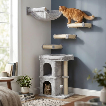 Cat Tree with Caves & Bed, Light Grey, 71cm