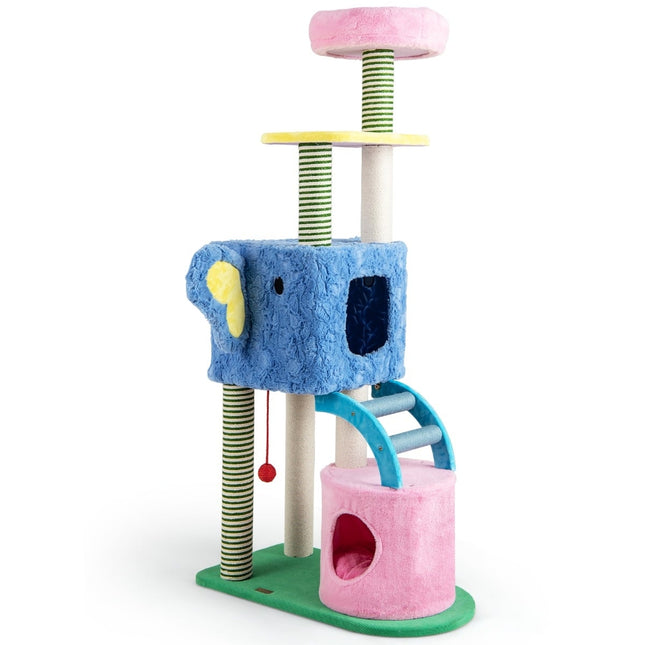 Cat Tree with Elephant Theme, 2 Caves, Padded Perch, Scratching Posts