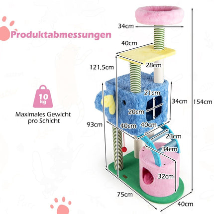 Cat Tree with Elephant Theme, 2 Caves, Padded Perch, Scratching Posts