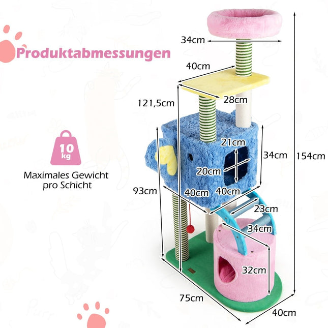Cat Tree with Elephant Theme, 2 Caves, Padded Perch, Scratching Posts