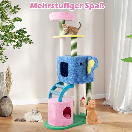 Cat Tree with Elephant Theme, 2 Caves, Padded Perch, Scratching Posts