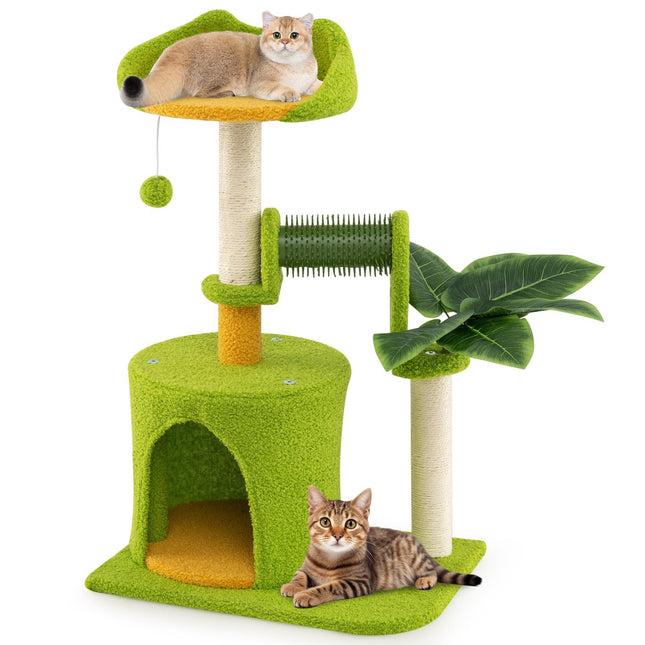 Cat Tree with Faux Leaves, Cave, and Platform - Green