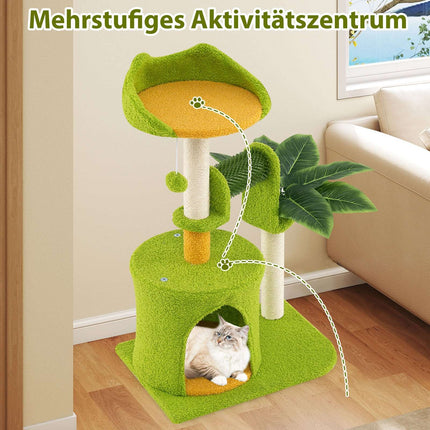 Cat Tree with Faux Leaves, Cave, and Platform - Green