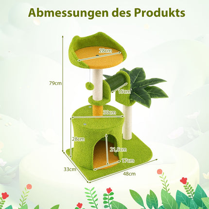 Cat Tree with Faux Leaves, Cave, and Platform - Green