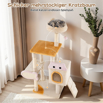 Cat Tree with Fish-Shaped Scratcher, Sisal Posts, Plush Cave