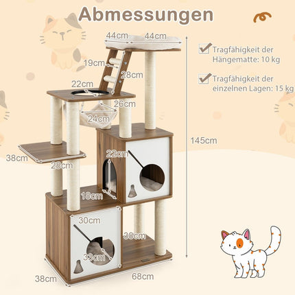 Cat Tree with Hammock, 2 Condos, Ladder – 145cm Wood
