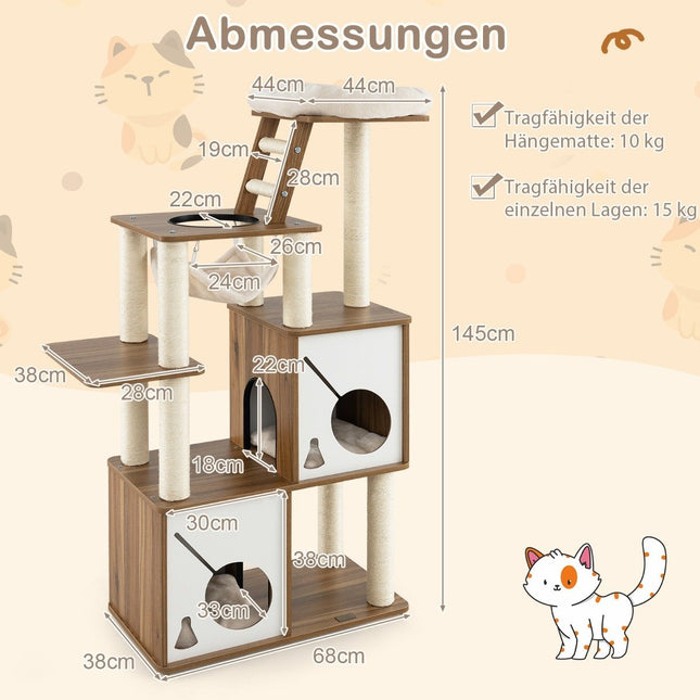 Cat Tree with Hammock, 2 Condos, Ladder – 145cm Wood