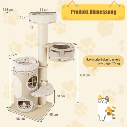 Cat Tree with Hammock and 2-Story Condo, 58x48x154 cm