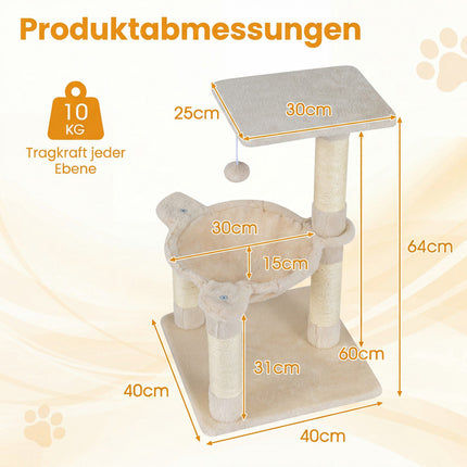 Cat Tree with Hammock and Sisal Posts, 64cm Beige