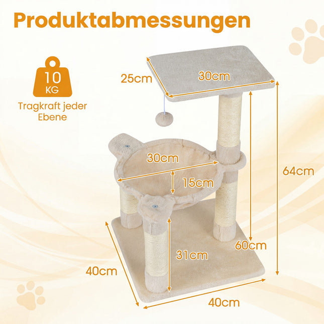 Cat Tree with Hammock and Sisal Posts, 64cm Beige