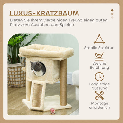 Cat Tree with Jute Scratching Mat, Bed, Toy Ball, Beige