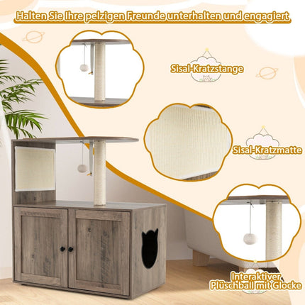 Cat Tree with Litter Box Cabinet, 80x45x87.5 cm, Gray