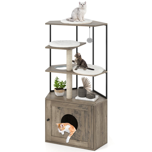 Cat Tree with Litter Box Cabinet, Scratch Posts, Cushions
