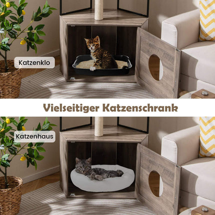 Cat Tree with Litter Box Cabinet, Scratch Posts, Cushions