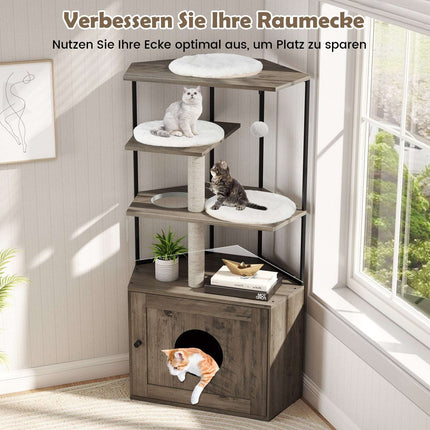 Cat Tree with Litter Box Cabinet, Scratch Posts, Cushions