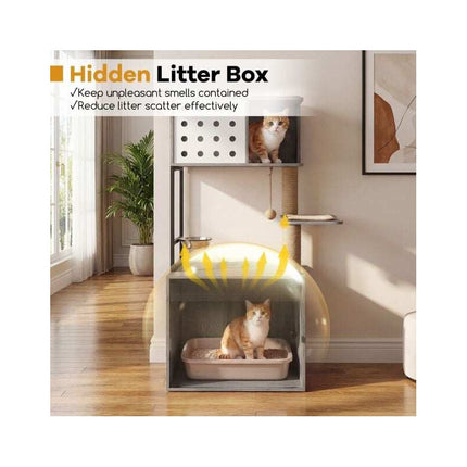 Cat Tree with Litter Box Cabinet and Feeding Station, 117.5 cm, Grey