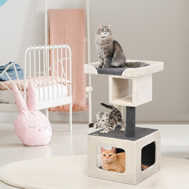 Cat Tree with Sisal, 2 Levels, White/Grey, 42x42x80cm