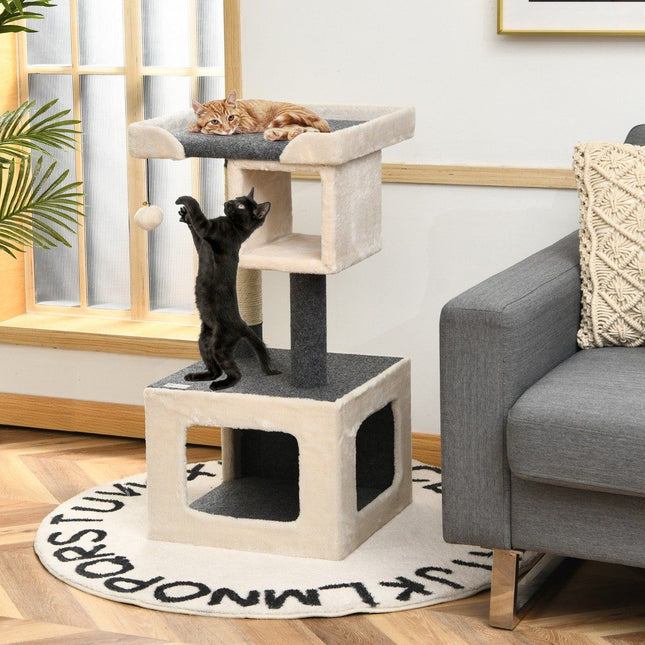 Cat Tree with Sisal, 2 Levels, White/Grey, 42x42x80cm