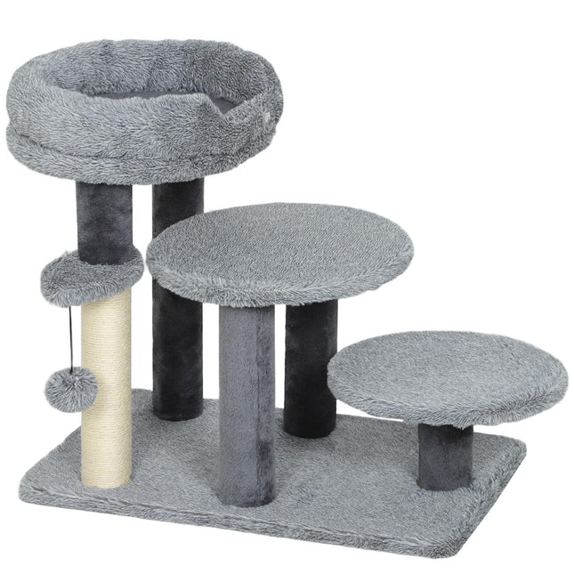 Cat Tree with Sisal Post, Plush Fabric, Wide Base, Gray