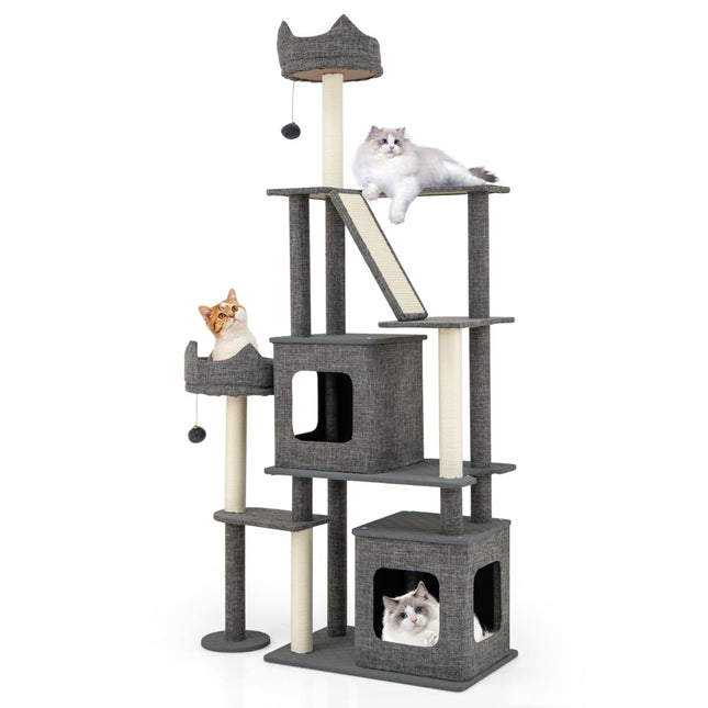 Cat Tree with Sisal Posts, Ladder & 2 Caves, 180 cm Gray