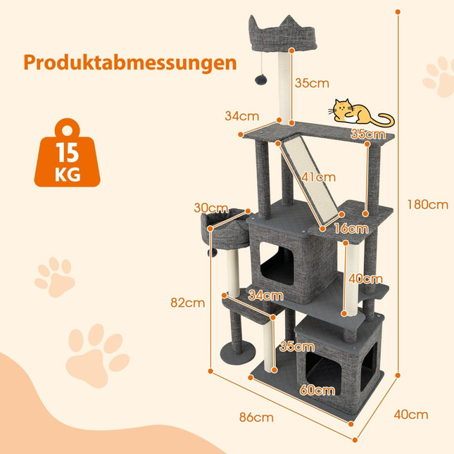Cat Tree with Sisal Posts, Ladder & 2 Caves, 180 cm Gray