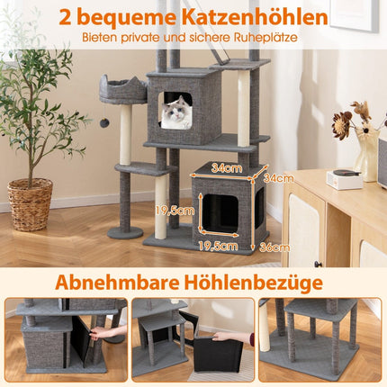 Cat Tree with Sisal Posts, Ladder & 2 Caves, 180 cm Gray