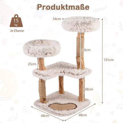 Cat Tree with Solid Wood & Jute Scratching Posts, 101 cm