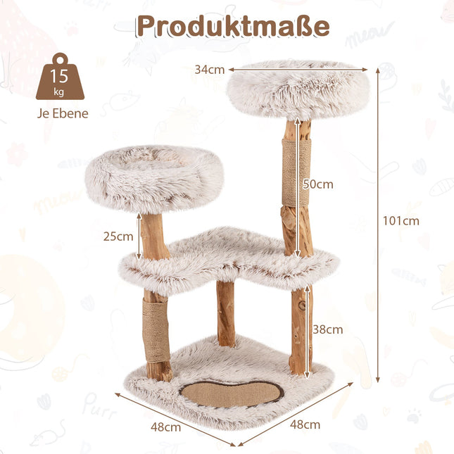 Cat Tree with Solid Wood & Jute Scratching Posts, 101 cm