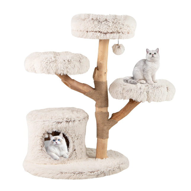 Cat Tree with Solid Wood Post and Plush Platforms, 102 cm