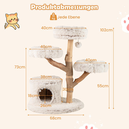 Cat Tree with Solid Wood Post and Plush Platforms, 102 cm