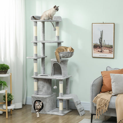 Cat Tree with Tunnel, Caves, Sisal Posts, 170 cm, Light Gray