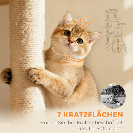 Cat Tree with Tunnel, Caves, Sisal Posts, 170 cm, Light Gray