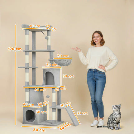 Cat Tree with Tunnel, Caves, Sisal Posts, 170 cm, Light Gray
