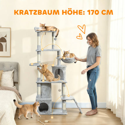 Cat Tree with Tunnel, Caves, Sisal Posts, 170 cm, Light Gray