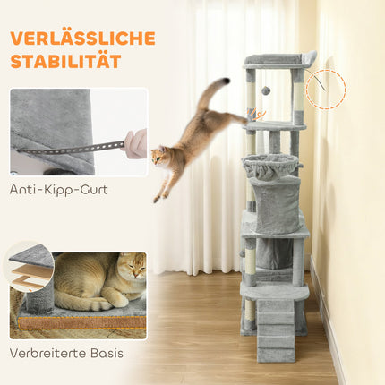 Cat Tree with Tunnel, Caves, Sisal Posts, 170 cm, Light Gray