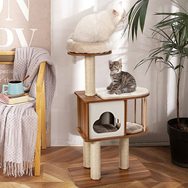 Cat Tree with Washable Cushions, Wooden, 3 Levels