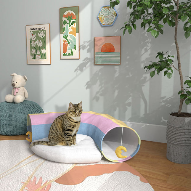 Foldable cat tunnel with cushion - durable polyester toy