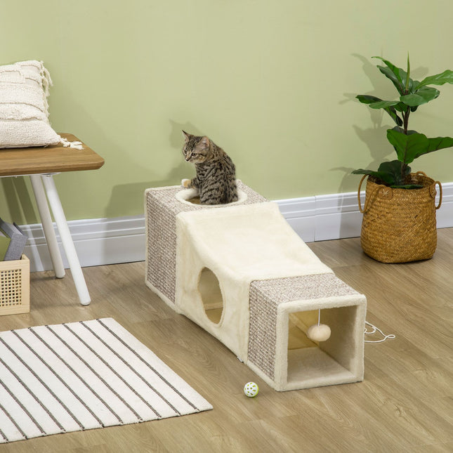 Cat tunnel toy with sisal and play ball - Brown/Beige 98cm
