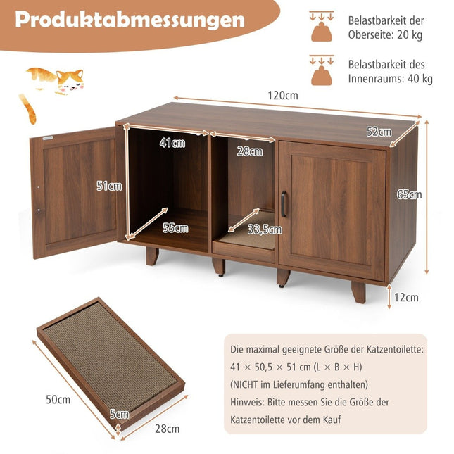 Cat cabinet for cat toilet with 2 doors & scratching board & entrance 120 x 52 x 65 cm coffee