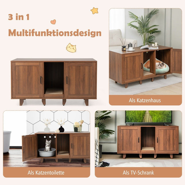 Cat cabinet for cat toilet with 2 doors & scratching board & entrance 120 x 52 x 65 cm coffee