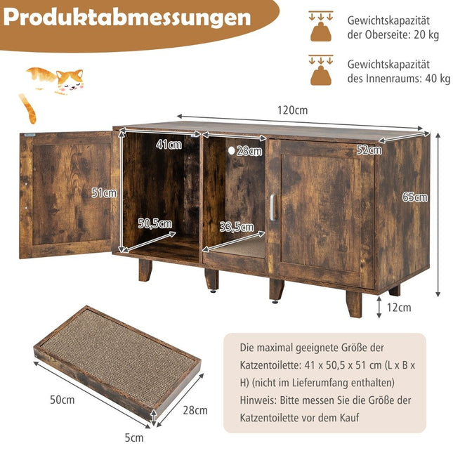 Cat cabinet for cat toilet with 2 doors & scratching board & entrance 120 x 52 x 65 cm vintage