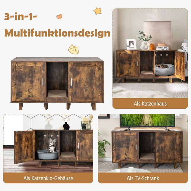 Cat cabinet for cat toilet with 2 doors & scratching board & entrance 120 x 52 x 65 cm vintage