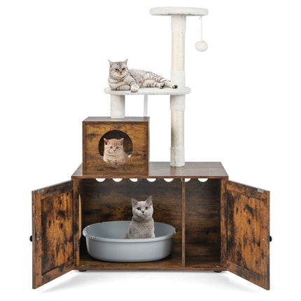 Kattenkast met krabpaal alles-in-1 houten kattenhuis bruin 77,5 x 48,5 x 132 cm