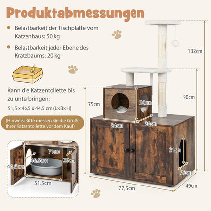 Kattenkast met krabpaal alles-in-1 houten kattenhuis bruin 77,5 x 48,5 x 132 cm