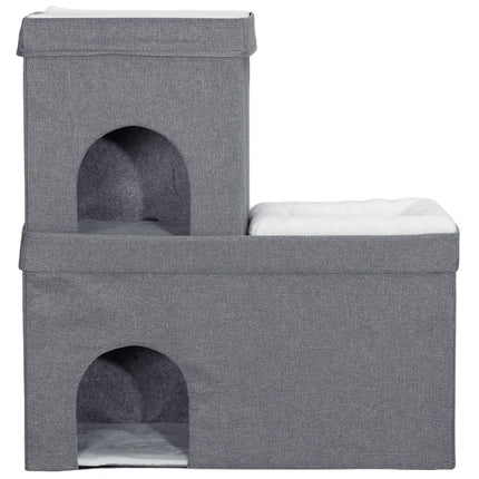 Cat Cave kattenhuis, kattenhuis met 3 niveaus, kattenmand met kussen, hondenhuis voor katten tot 5 kg, 74 x 37,5 x 78,5 cm, grijs